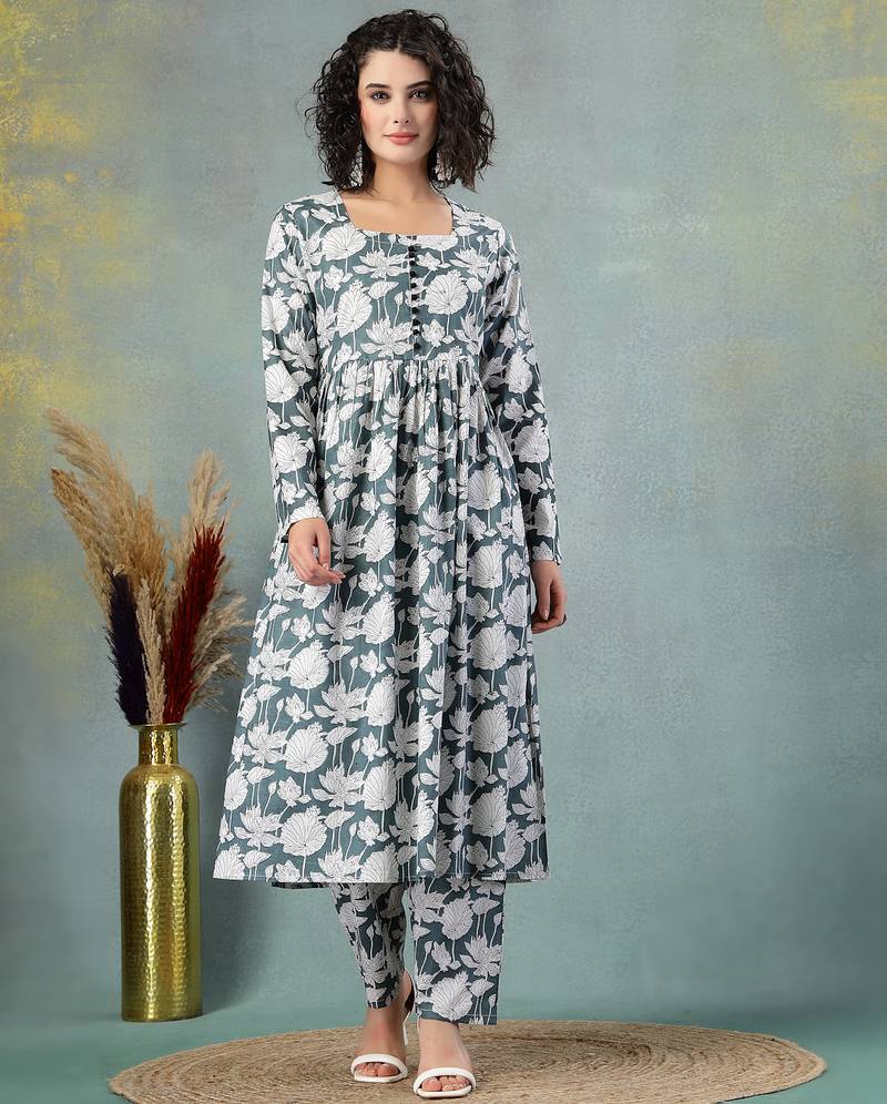 Grey floral printed cotton stitched a-line kurta set with pyjama for women