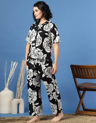 Black printed cotton peter pan collar co-ord night suit for women 2