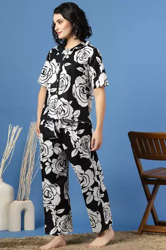 Black printed cotton peter pan collar co-ord night suit for women