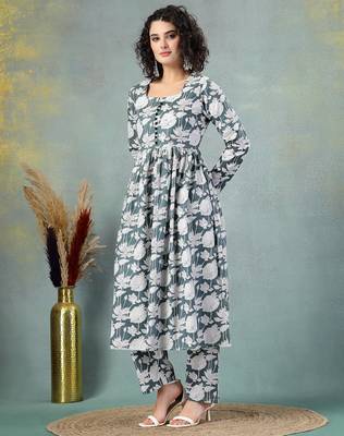 Grey floral printed cotton stitched a-line kurta set with pyjama for women 2