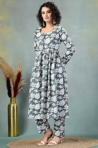 Grey floral printed cotton stitched a-line kurta set with pyjama for women