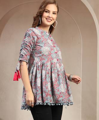 Sky-blue floral printed cotton flared top for women 2