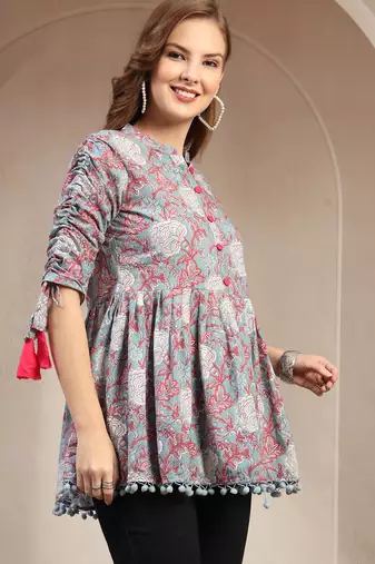 Sky-blue floral printed cotton flared top for women