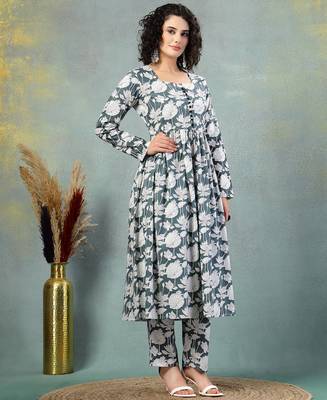 Grey floral printed cotton stitched a-line kurta set with pyjama for women 3
