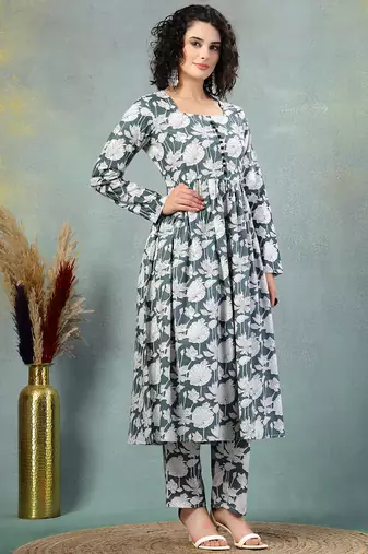 Grey floral printed cotton stitched a-line kurta set with pyjama for women