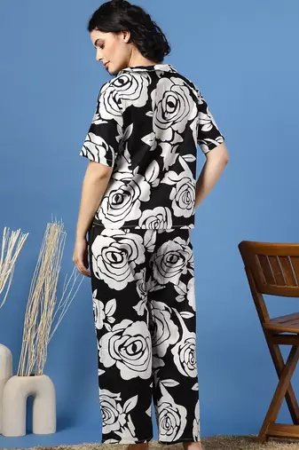 Black printed cotton peter pan collar co-ord night suit for women