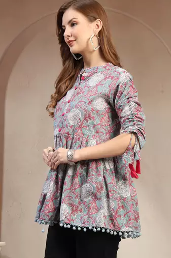 Sky-blue floral printed cotton flared top for women