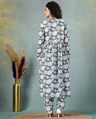 Grey floral printed cotton stitched a-line kurta set with pyjama for women 4