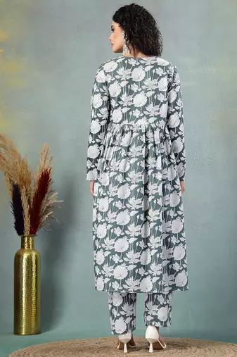 Grey floral printed cotton stitched a-line kurta set with pyjama for women