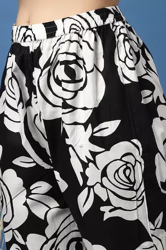 Black printed cotton peter pan collar co-ord night suit for women