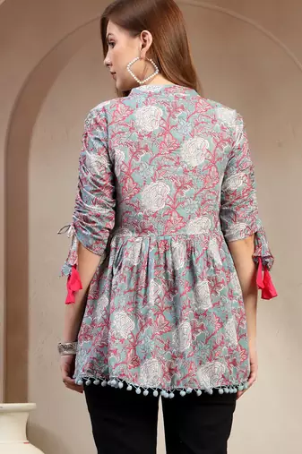 Sky-blue floral printed cotton flared top for women