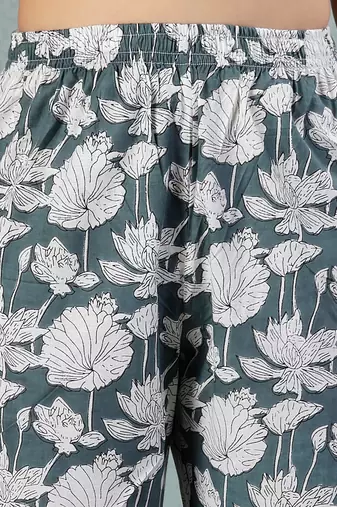 Grey floral printed cotton stitched a-line kurta set with pyjama for women