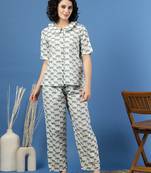 White printed cotton peter pan collar co-ord night suit for women