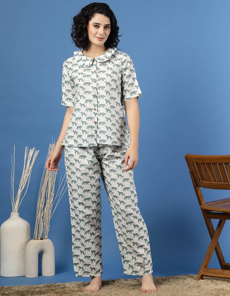White printed cotton peter pan collar co-ord night suit for women
