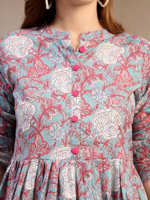 Sky-blue floral printed cotton flared top for women 5