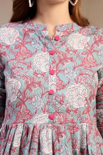 Sky-blue floral printed cotton flared top for women