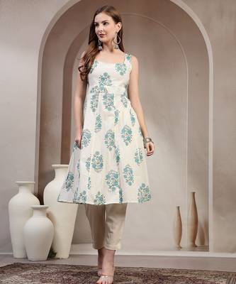 Off-white floral printed cotton stitched a-line kurta set with pyjama for women 1