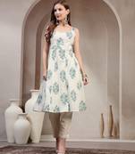 Off-white floral printed cotton stitched a-line kurta set with pyjama for women