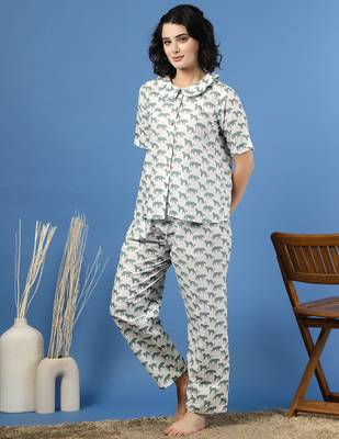White printed cotton peter pan collar co-ord night suit for women 2
