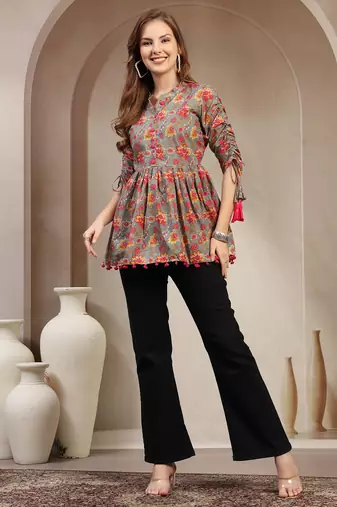 Grey floral printed cotton flared top for women
