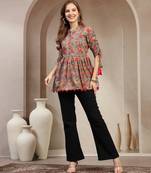 Grey floral printed cotton flared top for women