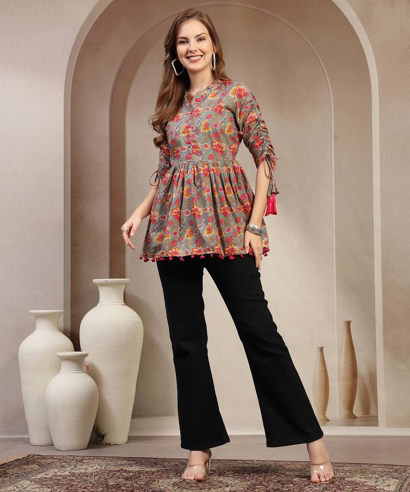 Grey floral printed cotton flared top for women
