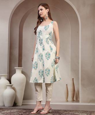 Off-white floral printed cotton stitched a-line kurta set with pyjama for women 2