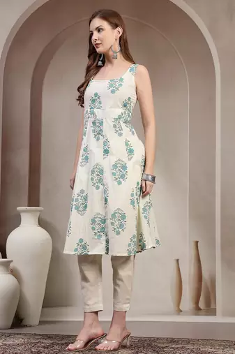 Off-white floral printed cotton stitched a-line kurta set with pyjama for women
