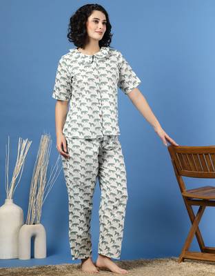 White printed cotton peter pan collar co-ord night suit for women 3
