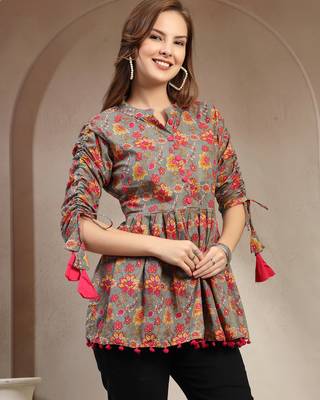 Grey floral printed cotton flared top for women 2