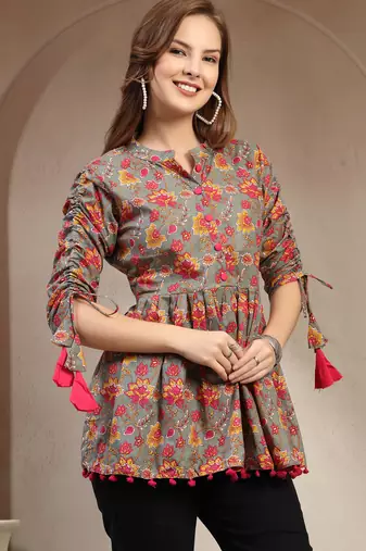 Grey floral printed cotton flared top for women