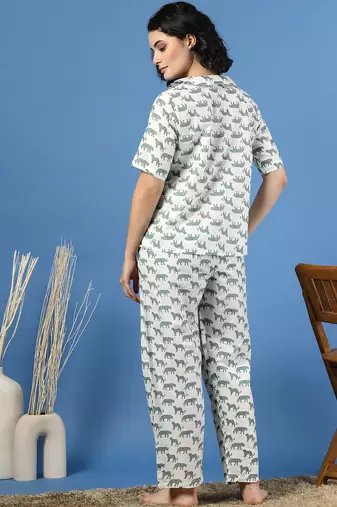 White printed cotton peter pan collar co-ord night suit for women