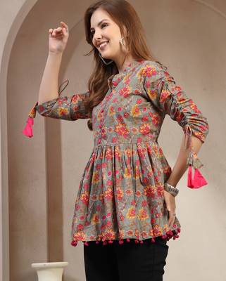 Grey floral printed cotton flared top for women 3