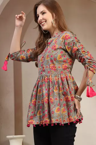 Grey floral printed cotton flared top for women