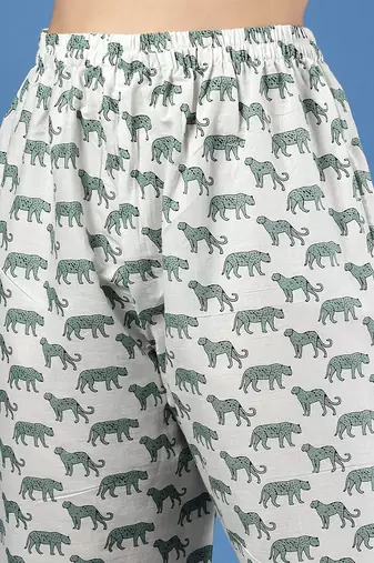 White printed cotton peter pan collar co-ord night suit for women
