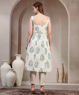 Off-white floral printed cotton stitched a-line kurta set with pyjama for women 4