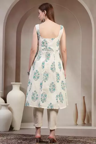 Off-white floral printed cotton stitched a-line kurta set with pyjama for women