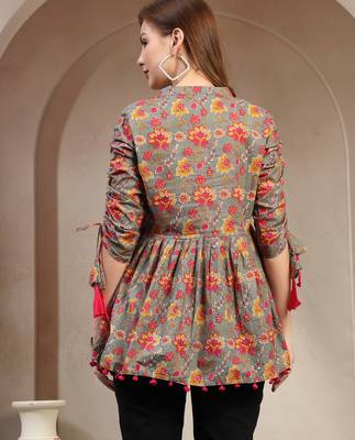 Grey floral printed cotton flared top for women 4