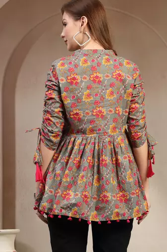 Grey floral printed cotton flared top for women