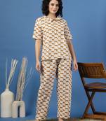 White printed cotton peter pan collar co-ord night suit for women