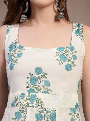 Off-white floral printed cotton stitched a-line kurta set with pyjama for women 5