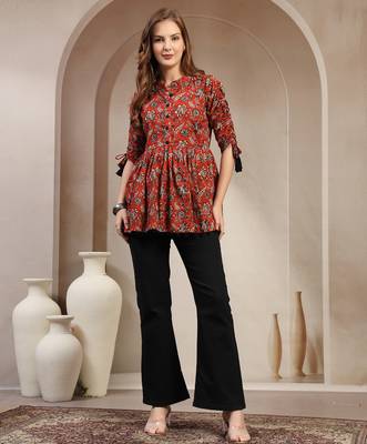red floral printed cotton flared top for women 1