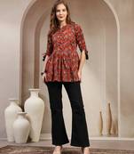 red floral printed cotton flared top for women