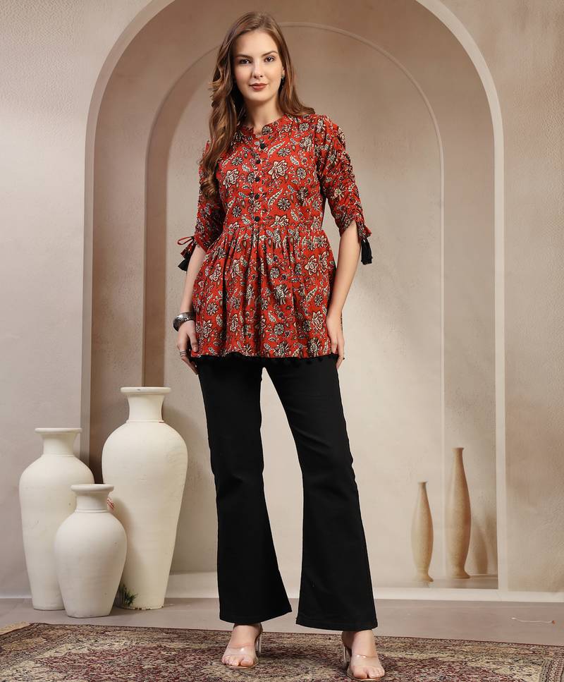 red floral printed cotton flared top for women