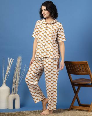White printed cotton peter pan collar co-ord night suit for women 2