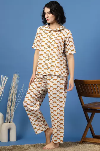 White printed cotton peter pan collar co-ord night suit for women