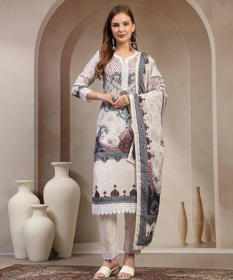 Grey floral printed cotton stitched straight kurta set with pyjama for women