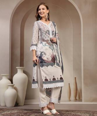 Grey floral printed cotton stitched straight kurta set with pyjama for women 2
