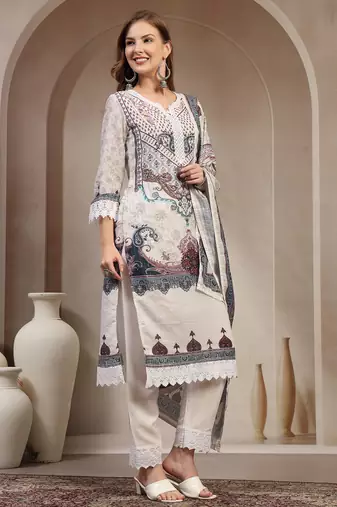 Grey floral printed cotton stitched straight kurta set with pyjama for women