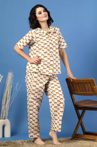 White printed cotton peter pan collar co-ord night suit for women